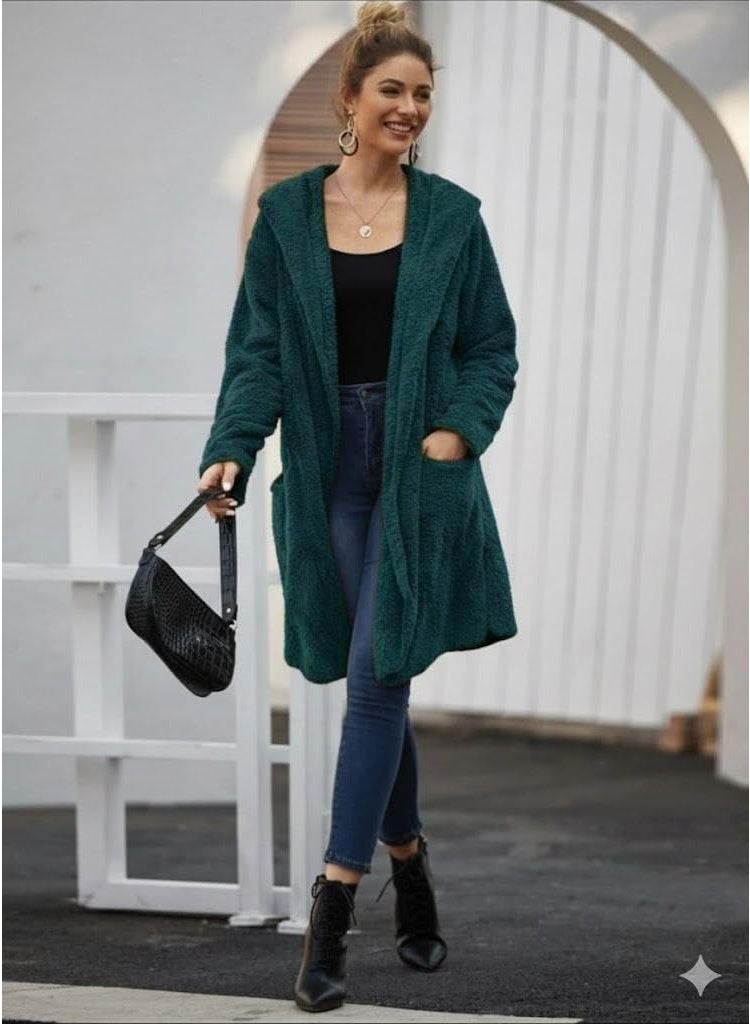 Solid Dual Pocket Open Front Teddy Coat (Teal) - Image 4